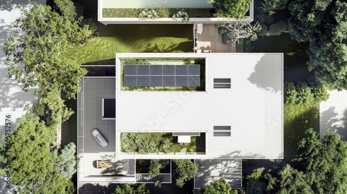 An aerial view of a modern eco friendly house nestled among lush greenery forest
