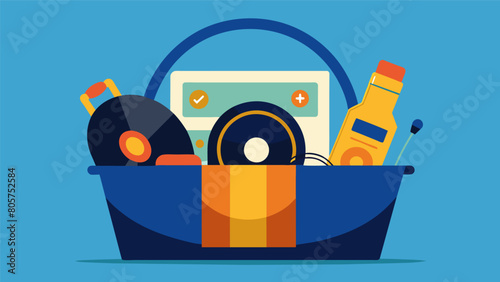 A themed gift basket filled with snacks a vinyl record and headphones given to a friend as a unique housewarming present. Vector illustration