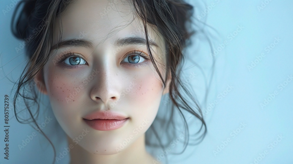 young Asian woman, her expressive eyes reflecting inner contentment and happiness. Against a backdrop young Asian woman, her expressive eyes reflecting inner contentment and happiness. Against a backdrop