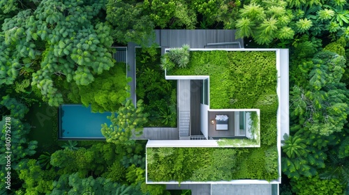 An aerial view of a modern eco friendly house nestled among lush greenery forest