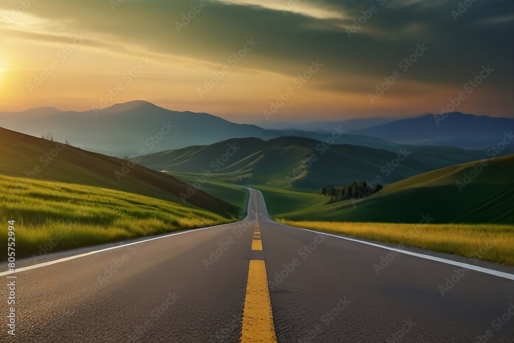 Low level view of empty paved road in beautiful green mountain area at sunset Low level view of empty paved road in beautiful green mountain area at sunset