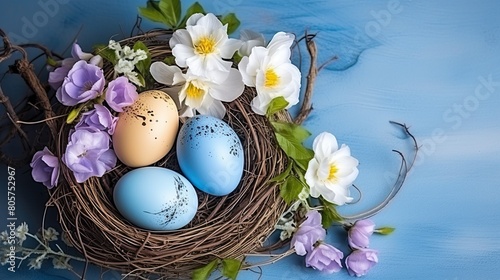 Step into the world of Easter with this charming photo, capturing a basket filled with meticulously crafted eggs, radiating warmth and joy. photo