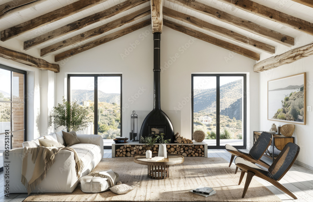 modern interior of living room in wooden house with fireplace, white walls and black details, wood ceiling beams, natural light from windows