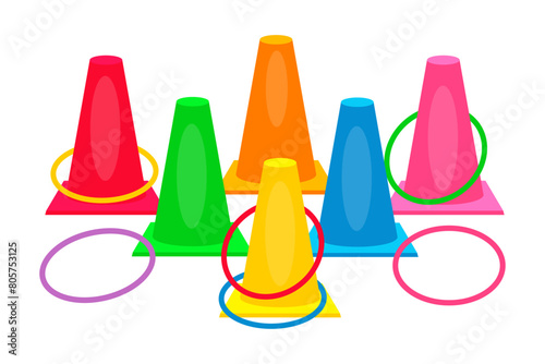 Plastic colorful sports cones with hoops for activity game. Activity floor game. Throw rings game. Fun active game cartoon vector illustration isolated on white background.