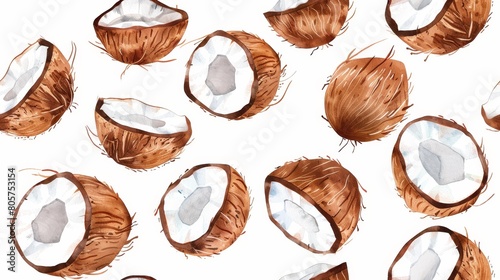 watercolor seamless pattern of coconut.