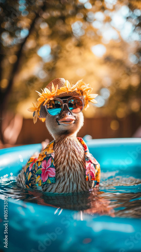 Ducks dressed in a Hawaiian shirt, beach shorts, hat, sunglasses Paddling in inflatable kiddie pool photo
