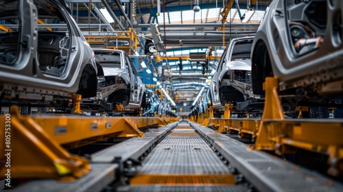 Car production line with cars in different stages of the innovative manufacturing process in a modern car factory