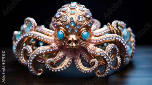 A gold and blue octopus brooch with a blue gemstone eye
