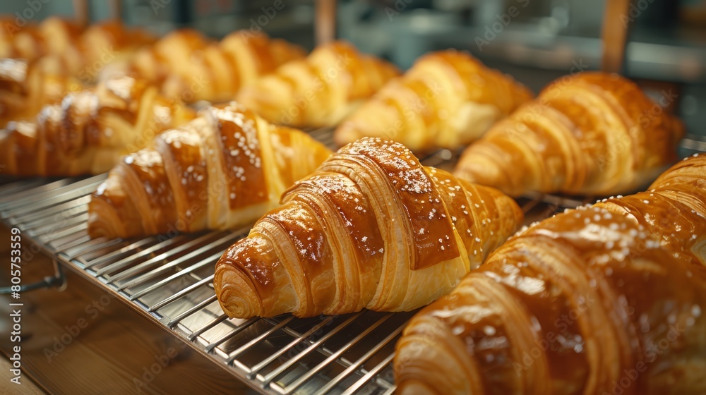 Freshly baked croissants on a cooling rack, Parisian fast food.