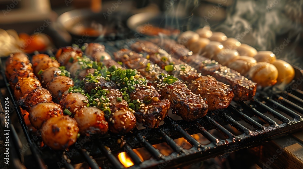 Aromatic street-side BBQ, with succulent meats and vegetables