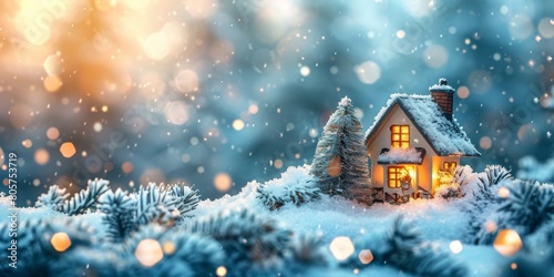 Christmas house in winter snowy forest. holiday Christmas ornament decoration  Copy space. banner and poster.