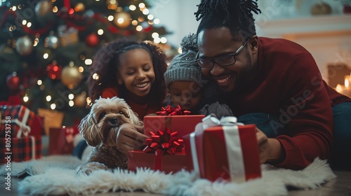 A festive holiday scene with a family and their dog opening presents under a Christmas tree, capturing holiday spirit and family inclusion photo