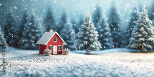 Christmas house in winter snowy forest. holiday Christmas ornament decoration, Copy space. banner and poster.