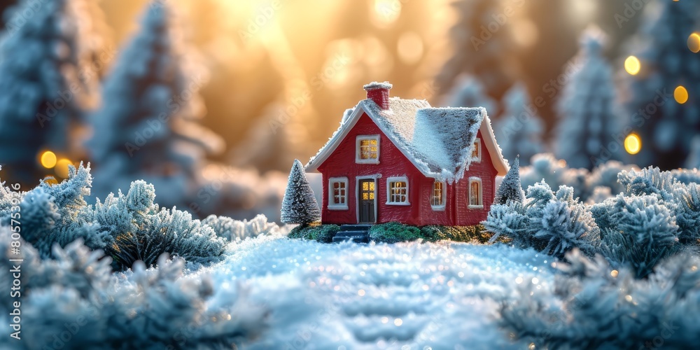 Fototapeta premium Christmas house in winter snowy forest. holiday Christmas ornament decoration, Copy space. banner and poster.
