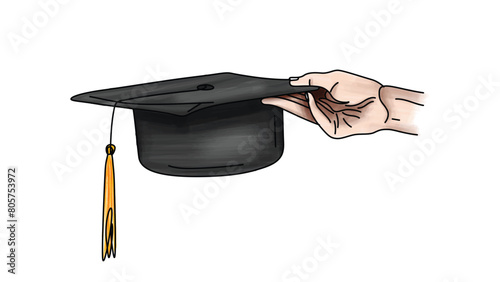 A hand holding the graduation hat with white background, graduation hat with tassel