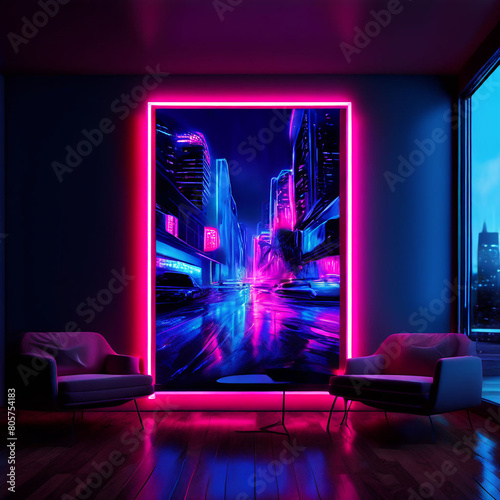 Design an artwork featuring vibrant neon lights agains photo