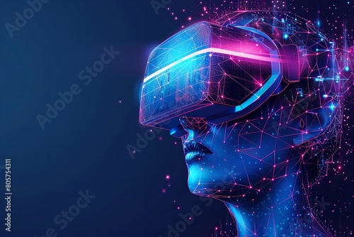 A polygonal lady wearing virtual reality glasses is seen in this low poly, wireframe vector 3D depiction of a VR headset over a blue geometric setting and space, Generative AI. © Electro Unicorn