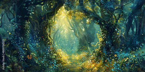 Experience the Magic of a Fantasy Garden with a Colorful Rainbow - Mythical, Imaginary, and Enchanti.,Luminous Fireflies in Serene Nighttime Forest