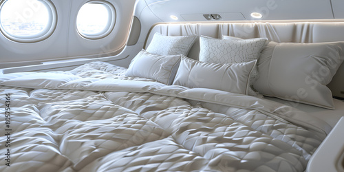   interior of a private jet room witha white bed and soft white pillows, an impressive room inside the jet so comfortable photo