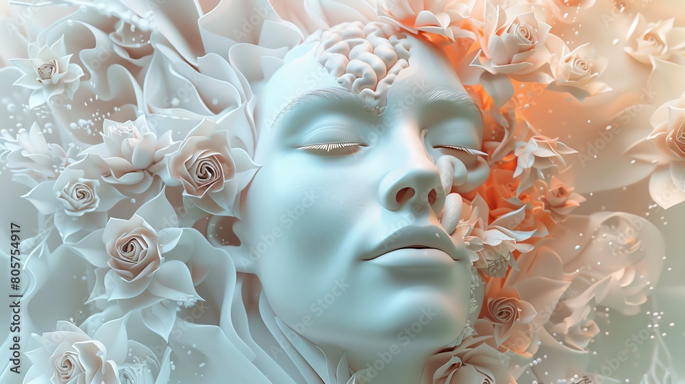 A detailed 3D visualization of a human face with a serene, happy expression, where the brain is partially visible and merging with floral elements