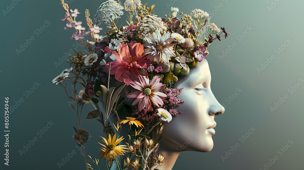 A macro 3D rendering of a human head, sectioned to reveal a brain thriving with floral growth, each flower symbolizing a state of well-being and joy