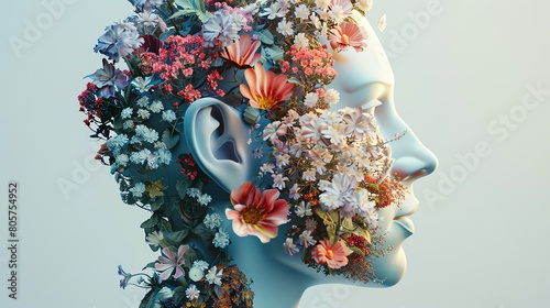 A macro 3D rendering of a human head, sectioned to reveal a brain thriving with floral growth, each flower symbolizing a state of well-being and joy photo