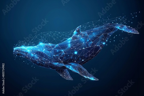 A sleek 3D graphic notion with a wireframe light line framework and a whale in a low poly method layout over a blue geometric setting dark set and space  Generative AI.