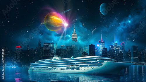 Cruise ship with tourists sailing near a big modern city with skyscrapers skyline and planets in a dark space in the background