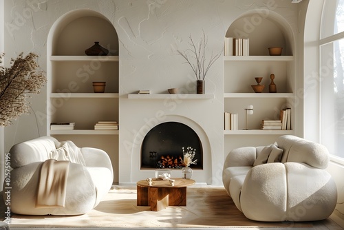 Two sofas near fireplace and arched shelves. Art deco interior design of modern living room, home. Soft tone.