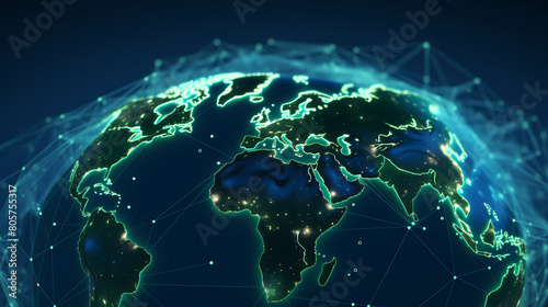 Digital map, glowing connections between cities around the world