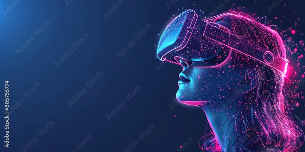 A polygonal lady wearing virtual reality glasses is seen in this low poly, wireframe vector 3D depiction of a VR headset over a blue geometric setting and space, Generative AI.