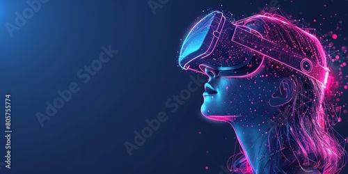 A polygonal lady wearing virtual reality glasses is seen in this low poly, wireframe vector 3D depiction of a VR headset over a blue geometric setting and space, Generative AI.