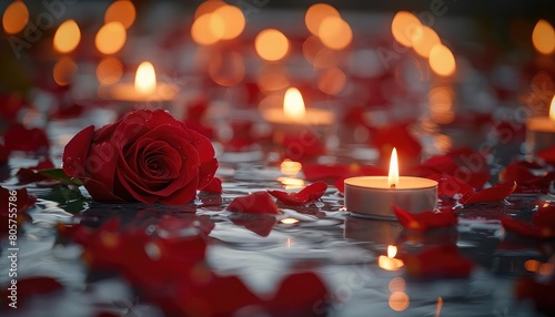A single red rose floating in a pool of water  surrounded by floating candles
