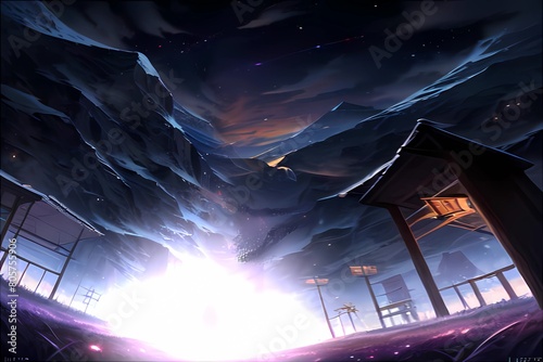 ゲーム背景夜の山岳地帯に囲まれた光る洞窟入口風景