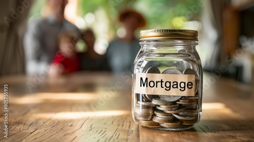 A focused image of a glass jar filled with coins labeled  Mortgage   with a blurry family background  symbolizing financial planning.