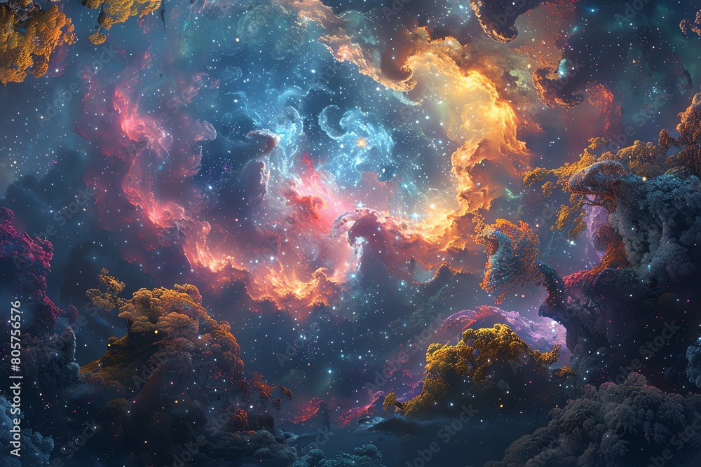Dreamy 3D wallpaper depicting a cosmic journey through vibrant, imaginative spaces
