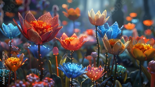Magical 3D flowers blooming in a futuristic fashion landscape, rich in color and imaginative flair