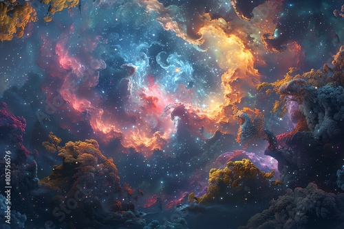 Dreamy 3D wallpaper depicting a cosmic journey through vibrant  imaginative spaces