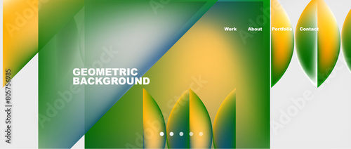 The green and yellow geometric background features rectangles, triangles, and leaves. It resembles a liquid display on an electronic gadget with grass and terrestrial plants