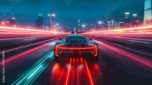 High-speed futuristic car racing through a vibrant, neon-lit cityscape at night.