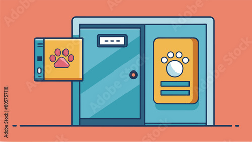 Never worry about unauthorized animals entering your home again – the biometric pet door uses your pets microchip as identification for entry.. Vector illustration