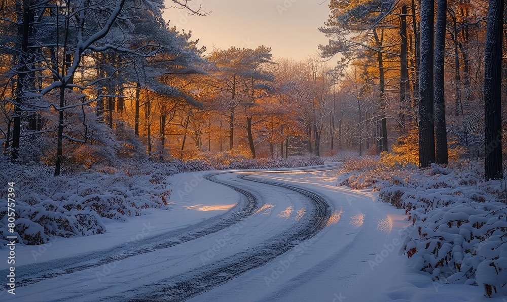 A long and winding road curves through a snowy forest. The trees are bare, and the snow is thick on the ground. The only sound is the crunch of tires on snow.