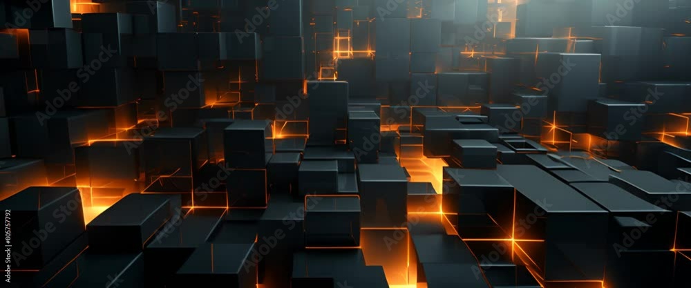 Abstract 3D square shapes merging into a futuristic control panel, dark tones,