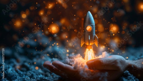 Businessman controls rocket is launching and soaring, flying to the sky from hand, achieving business growth, fast business success, startup business concept，Rocketing Towards Success: Business Growth
