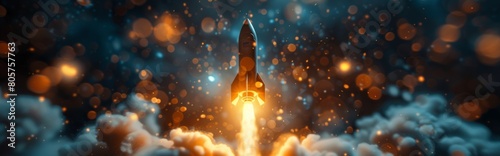 Businessman controls rocket is launching and soaring, flying to the sky from hand, achieving business growth, fast business success, startup business concept，Rocketing Towards Success: Business Growth photo