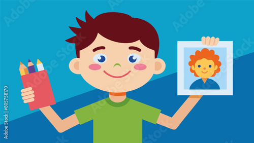 A young boy proudly holds up a selfportrait created with donated art supplies his face beaming with pride at his newfound love for art.. Vector illustration
