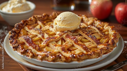 Freshly baked apple pie, lattice crust, ice cream