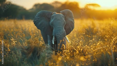 A large elephant is standing in a field of tall grass 4K motion photo