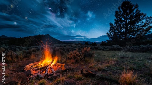 Dancing flames from the campfire create mesmerizing patterns against the dark night sky, captured in a long exposure shot