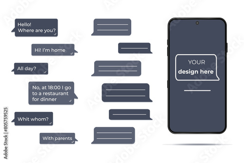 Mobile phone with chat isolated on white  background. Phone vector mockup 